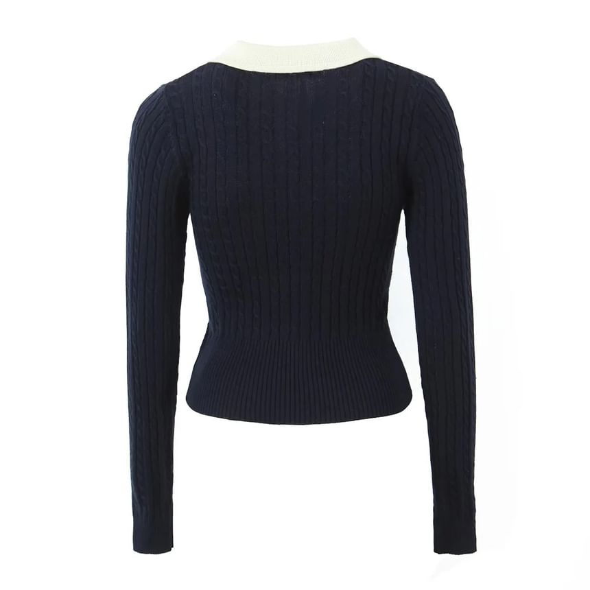 Slim-Fit Cable Knit Long Sleeve Collared Cardigan