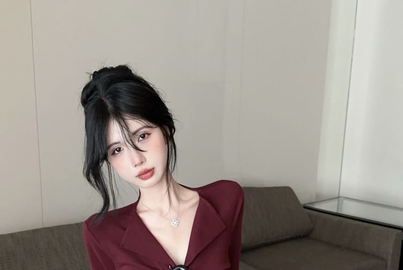 Long Plain V-Neck Sleeve Top Button Ruched