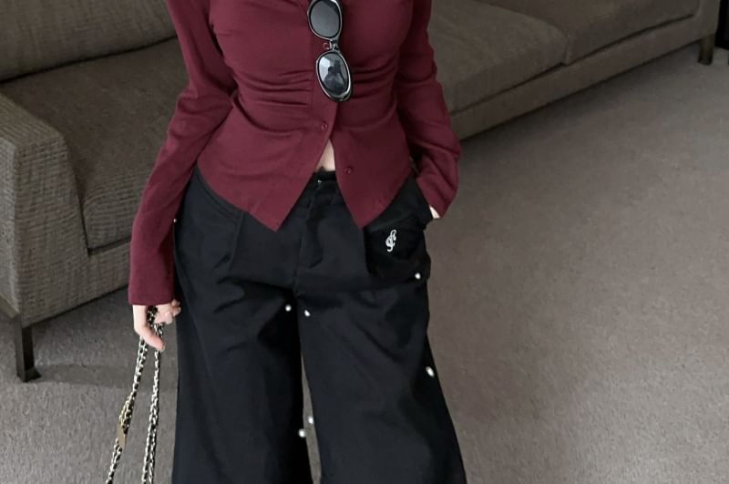 Long Plain V-Neck Sleeve Top Button Ruched