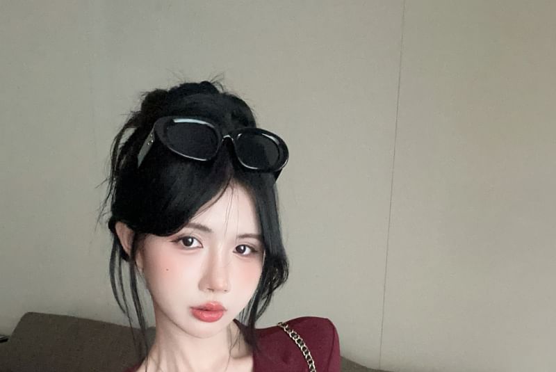 Long Plain V-Neck Sleeve Top Button Ruched