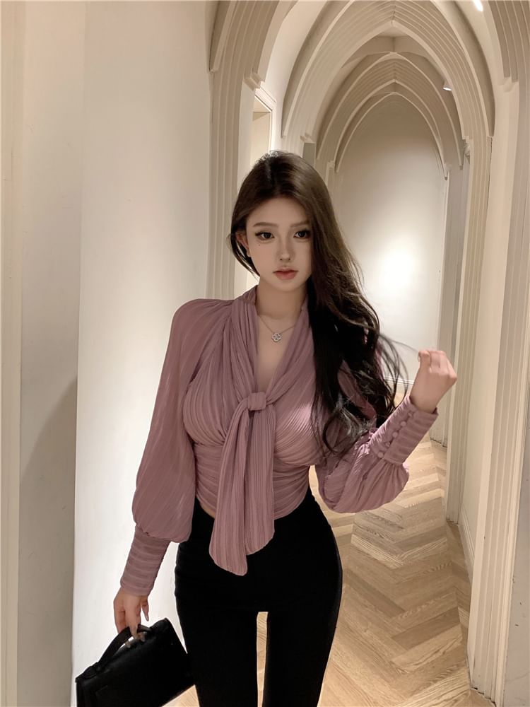 Ruched Tie-Neck Puff-Sleeve Plain Blouse