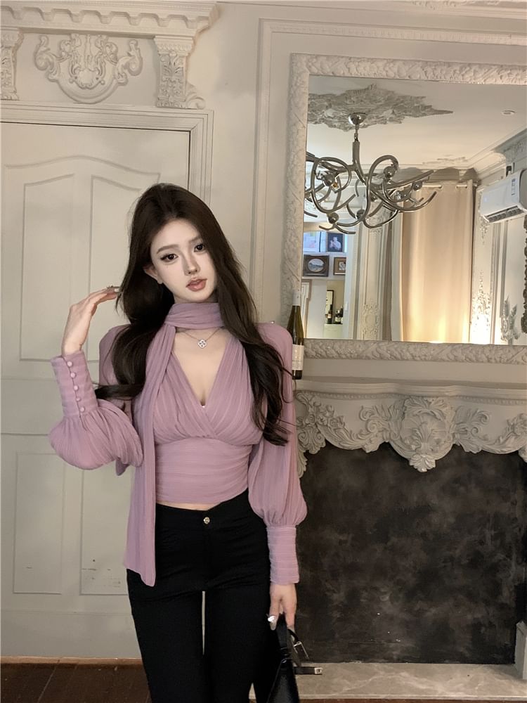 Ruched Tie-Neck Puff-Sleeve Plain Blouse