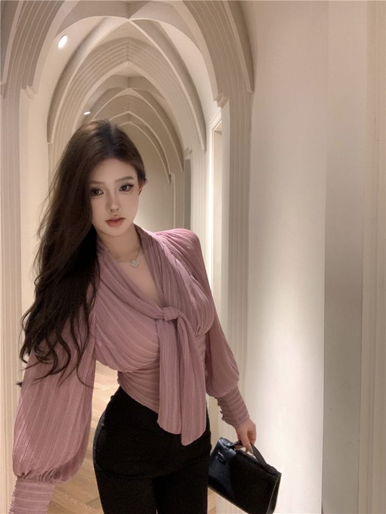 Ruched Tie-Neck Puff-Sleeve Plain Blouse