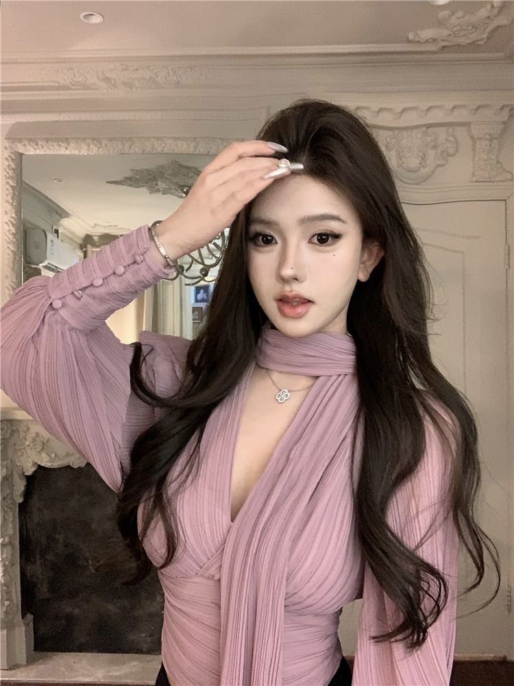 Ruched Tie-Neck Puff-Sleeve Plain Blouse