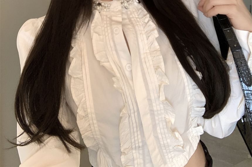 Ruffle Plain Long-Sleeve Crop Shirt