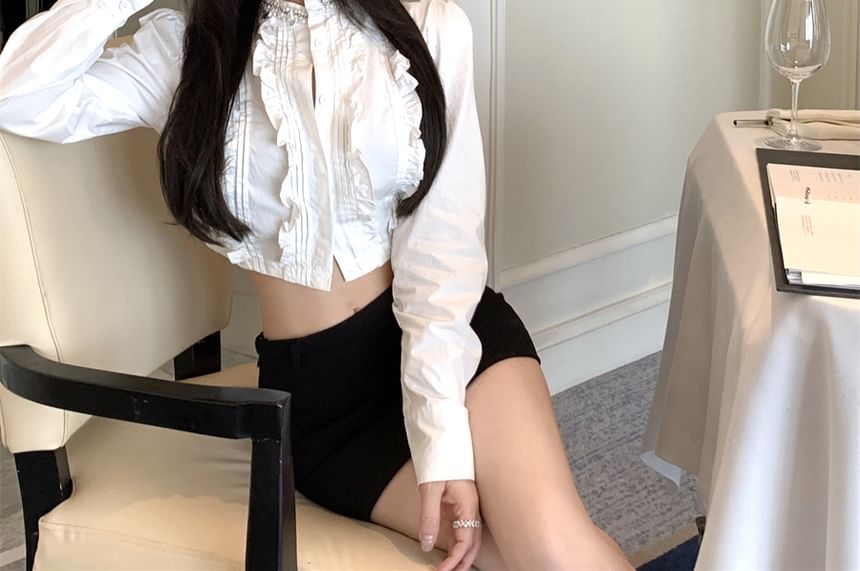 Ruffle Plain Long-Sleeve Crop Shirt