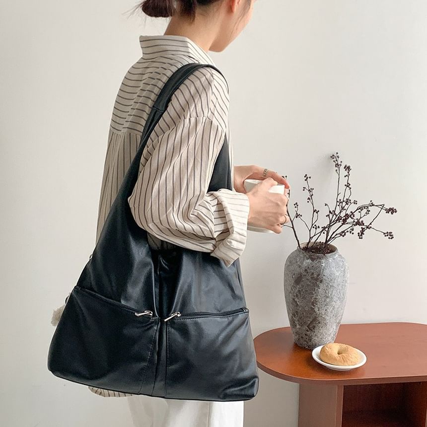 Leather Multi-Pocket Faux Tote Bag