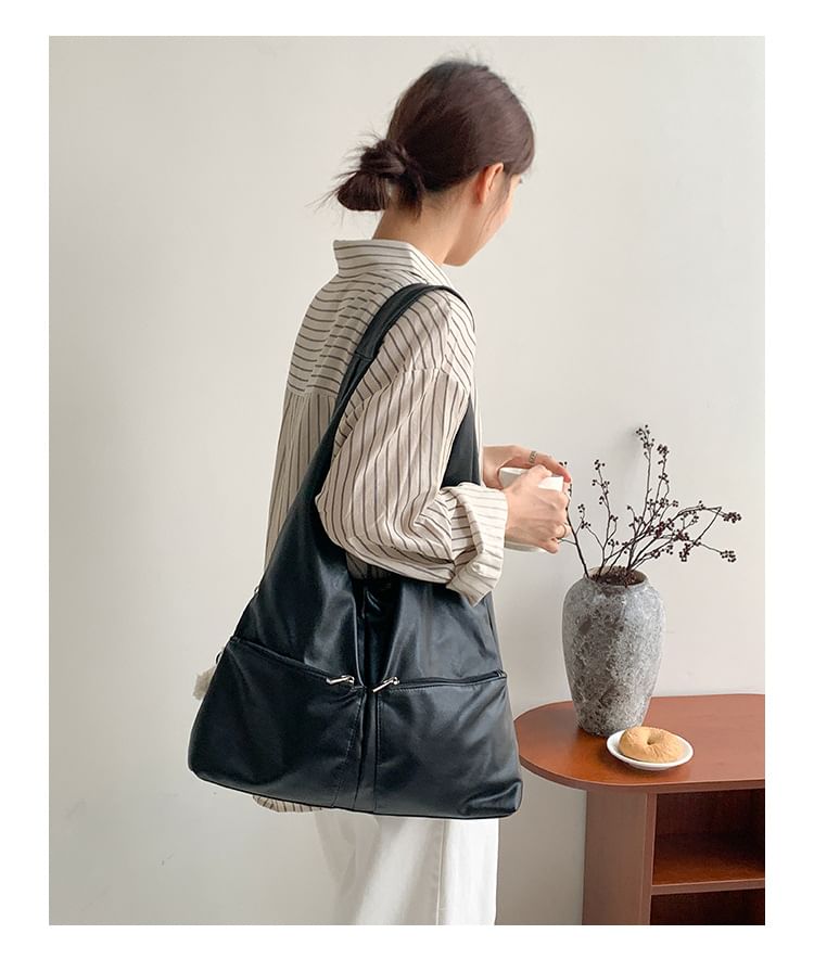 Leather Multi-Pocket Faux Tote Bag
