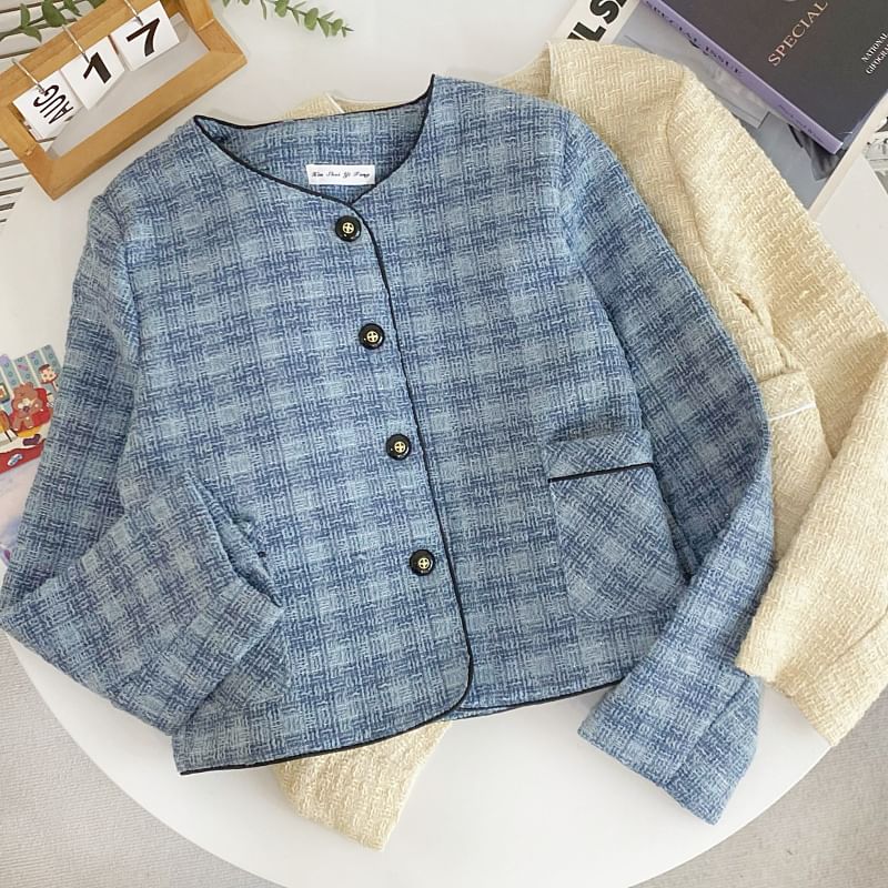 Plaid Tweed Button-Up Jacket