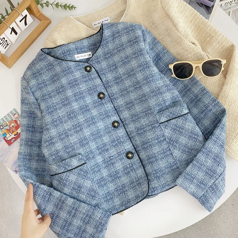 Plaid Tweed Button-Up Jacket