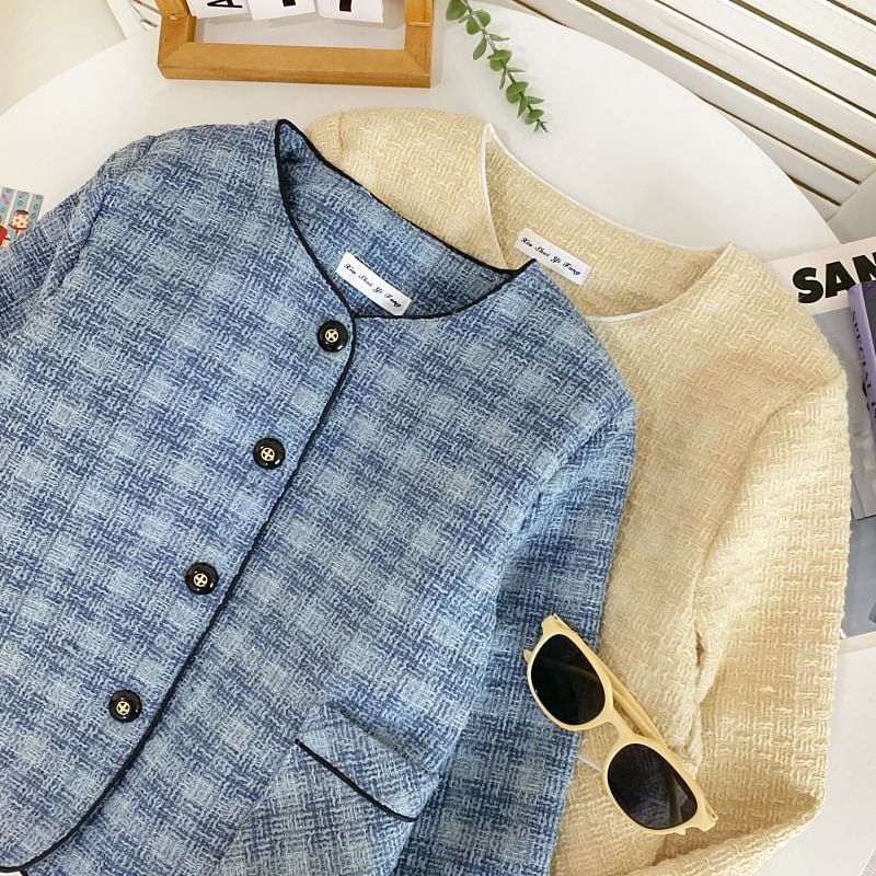 Plaid Tweed Button-Up Jacket