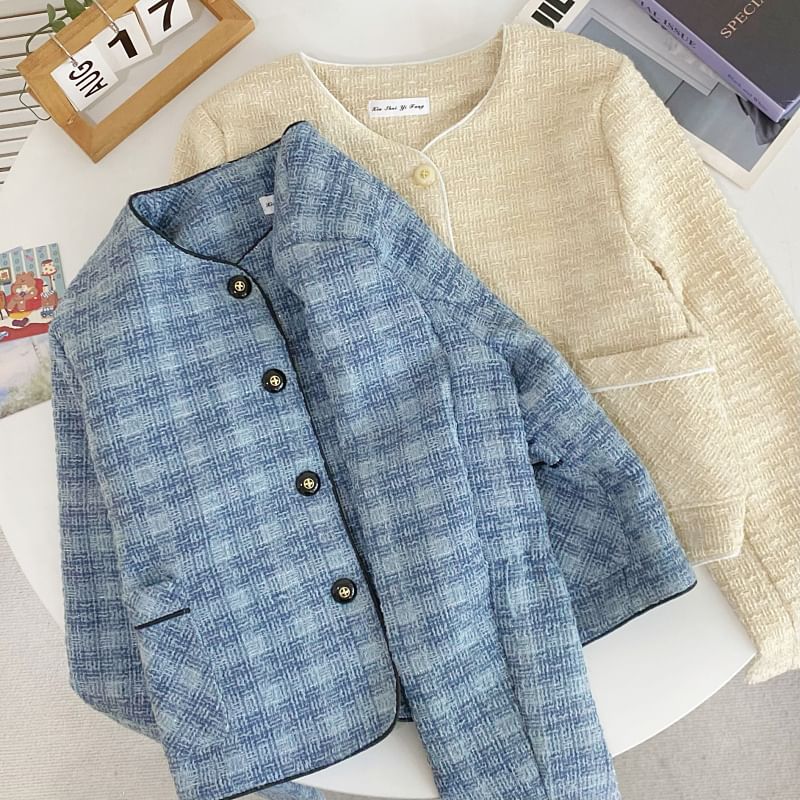 Plaid Tweed Button-Up Jacket