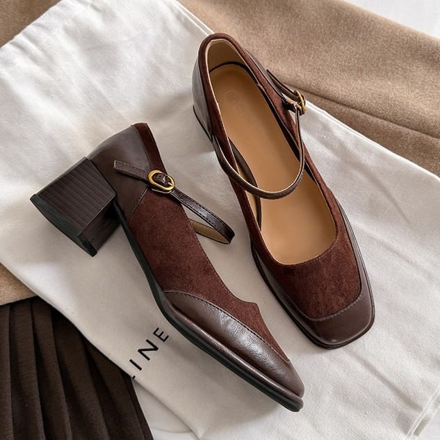 Toe Pumps Jane Square Chunky Mary Leather Panel Plain Faux Heel