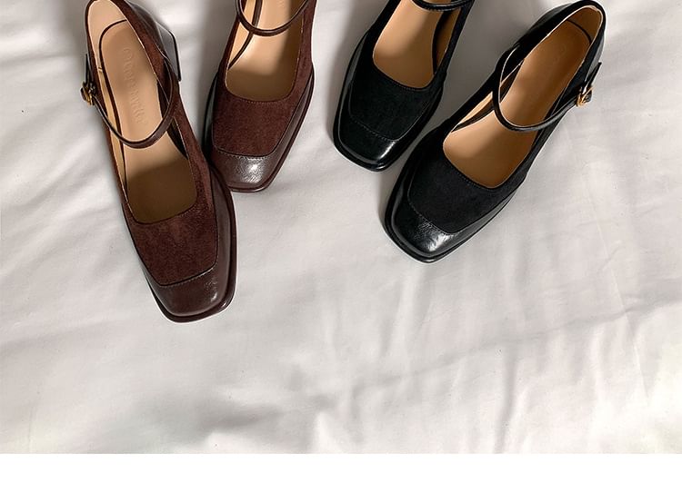 Toe Pumps Jane Square Chunky Mary Leather Panel Plain Faux Heel