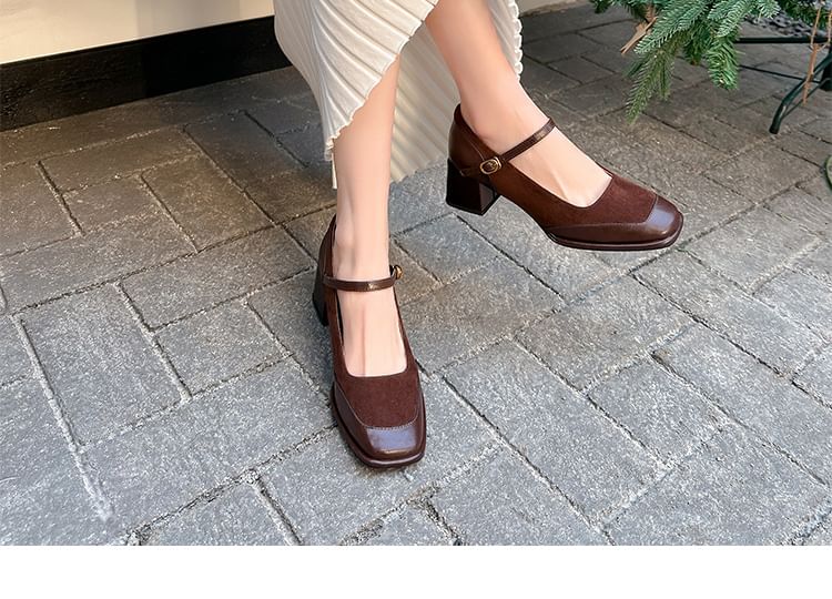 Toe Pumps Jane Square Chunky Mary Leather Panel Plain Faux Heel