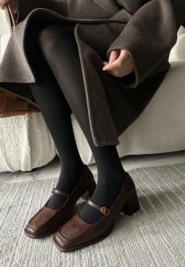 Mary Toe Leather Square Heel Faux Plain Jane Pumps Chunky