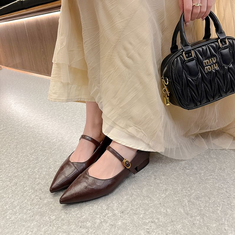 Plain Jane Faux Buckled Leather Mary Pointed Pumps Low Heel Toe