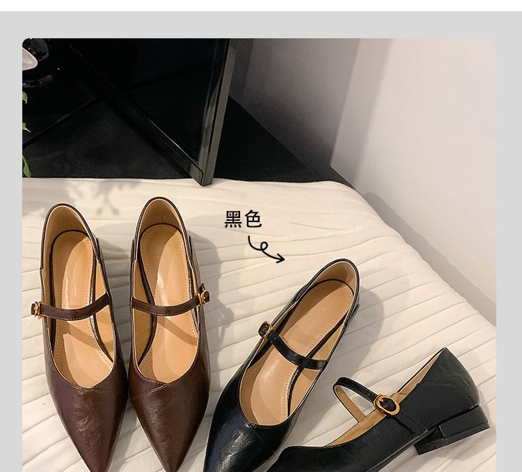 Plain Jane Faux Buckled Leather Mary Pointed Pumps Low Heel Toe
