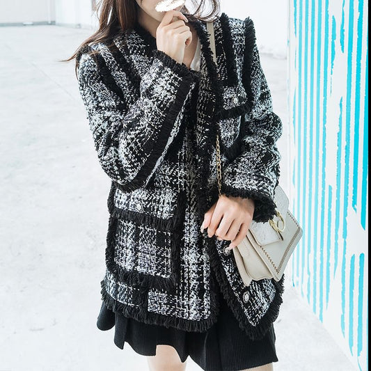 V-Neck Button-Up Tweed Jacket