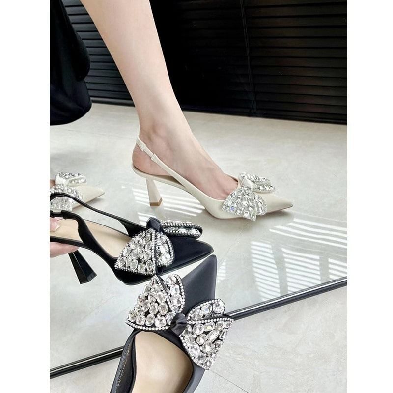 Bow Pumps Slingback Toe Rhinestone Pointed
