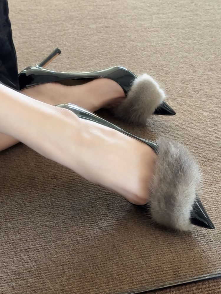 Panel Faux Patent Pointed Pumps Toe Leather Fur Stiletto