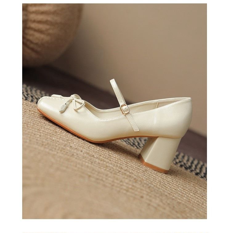 Block Toe Heel Jane Bow Mary Pumps Square