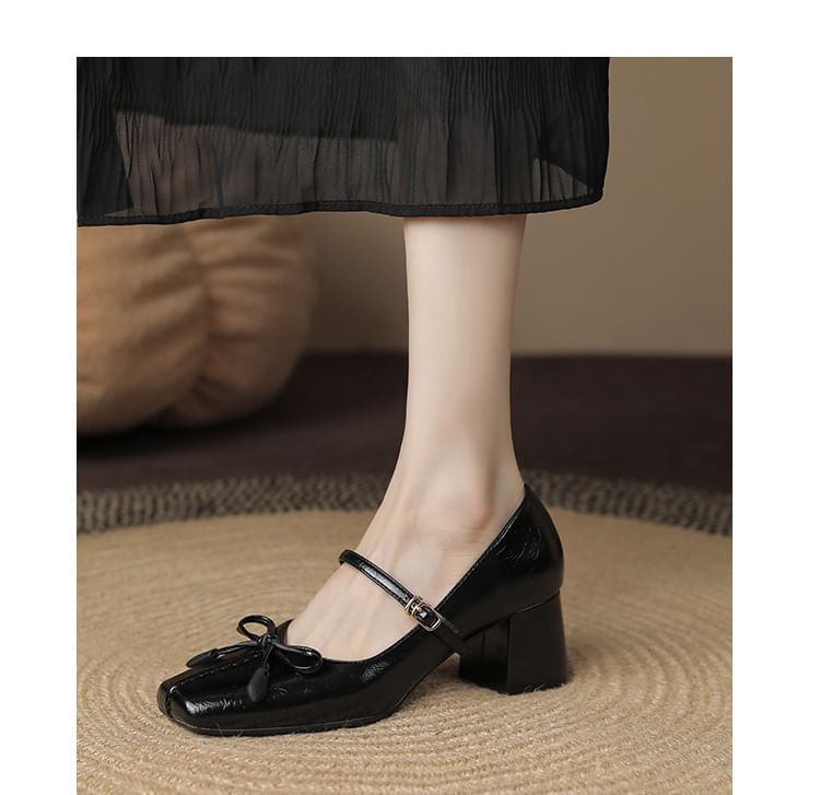 Block Toe Heel Jane Bow Mary Pumps Square