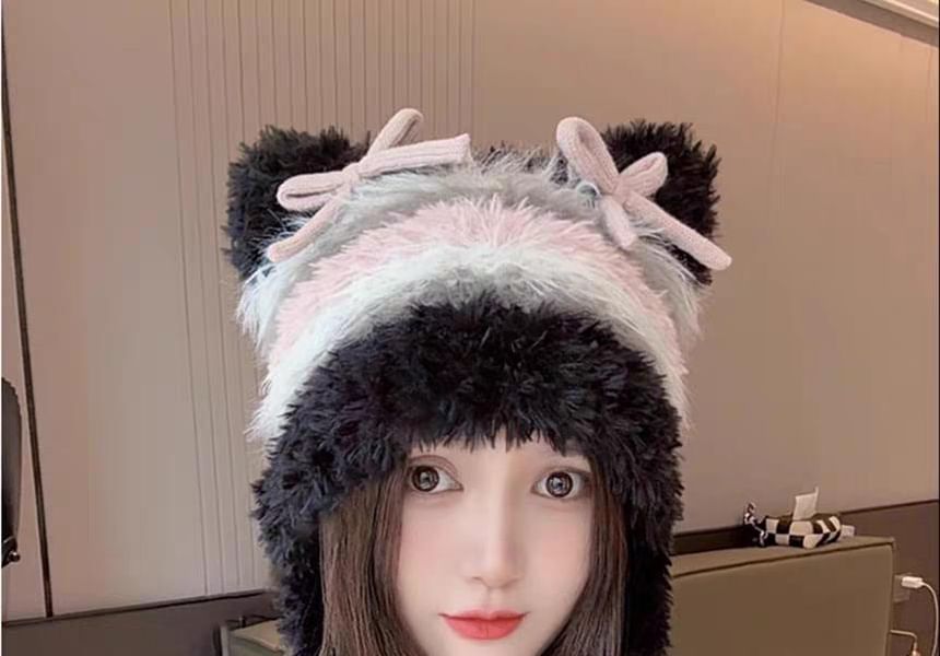 Cat Fluffy Ear Bow Knit Beanie