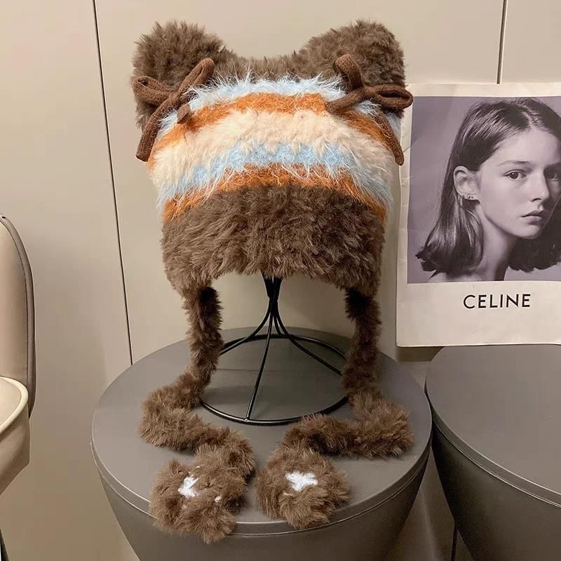 Cat Fluffy Ear Bow Knit Beanie