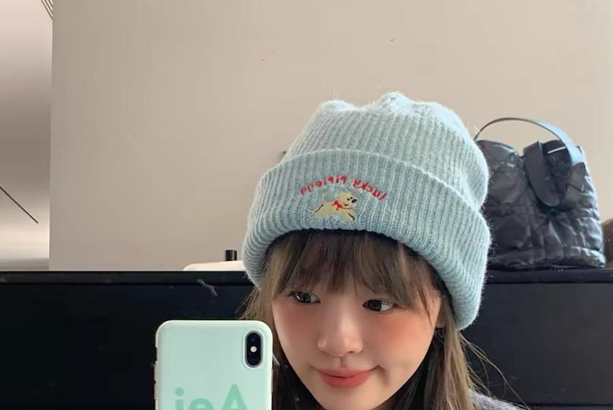 Knit Dog Beanie Embroidered