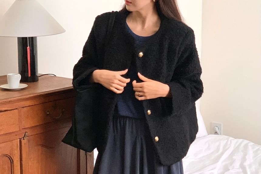 Plain Button-Up Tweed Jacket