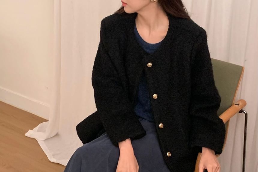 Plain Button-Up Tweed Jacket