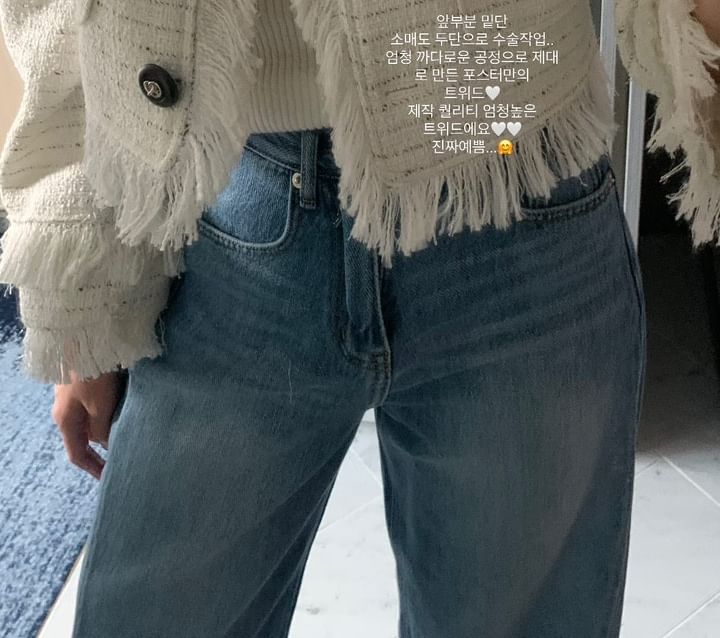 Round Neck Fringed Tweed Crop Button Jacket