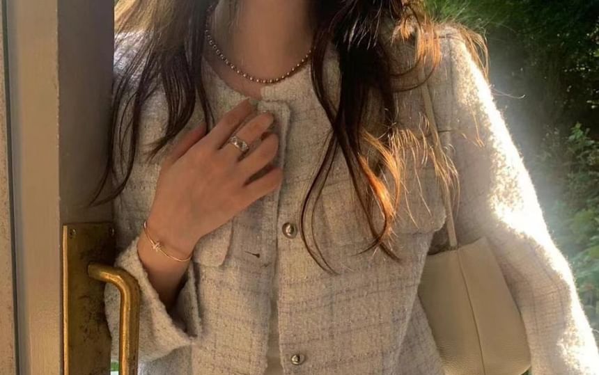 Round Neck Plaid Tweed Button Jacket