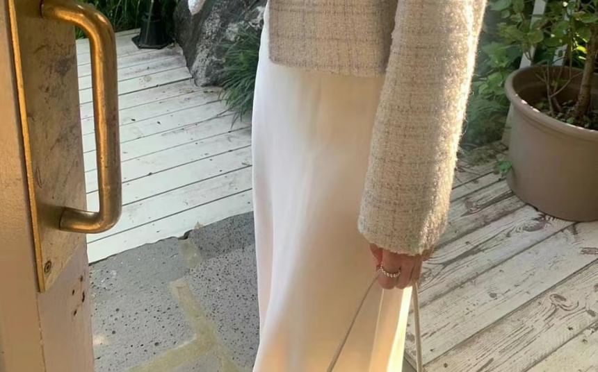 Round Neck Plaid Tweed Button Jacket