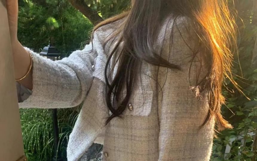 Round Neck Plaid Tweed Button Jacket