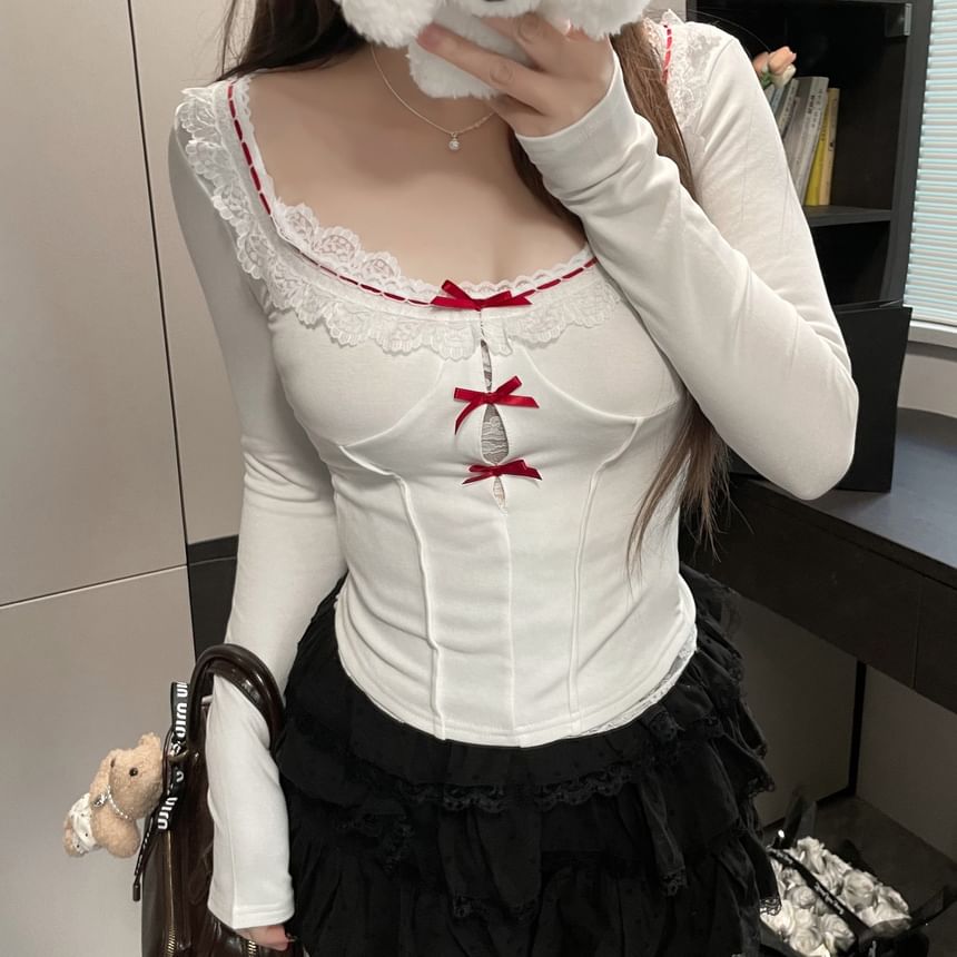 Lace Trim Long-Sleeve Neck Square Top