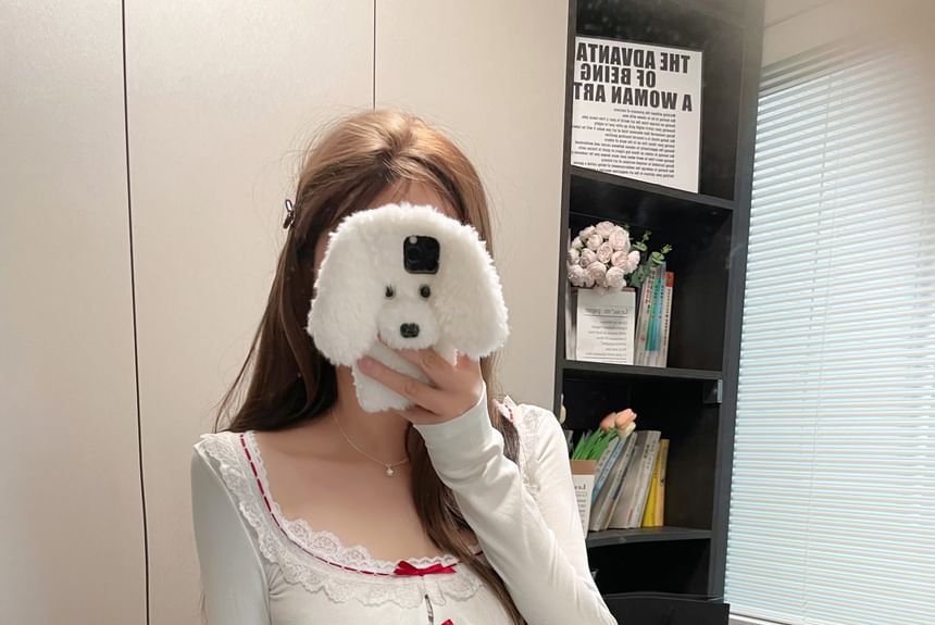 Lace Trim Long-Sleeve Neck Square Top