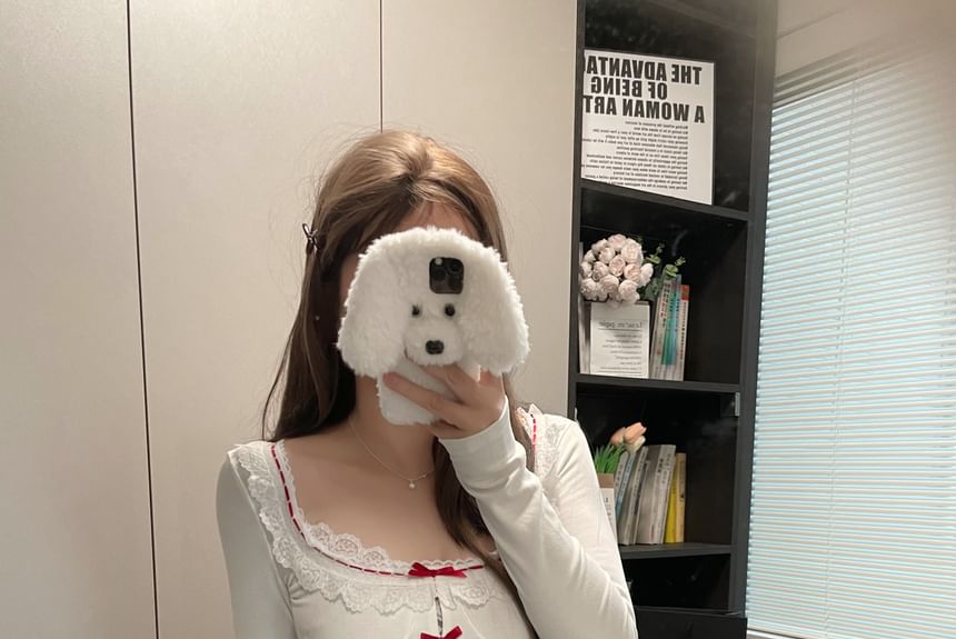 Lace Trim Long-Sleeve Neck Square Top