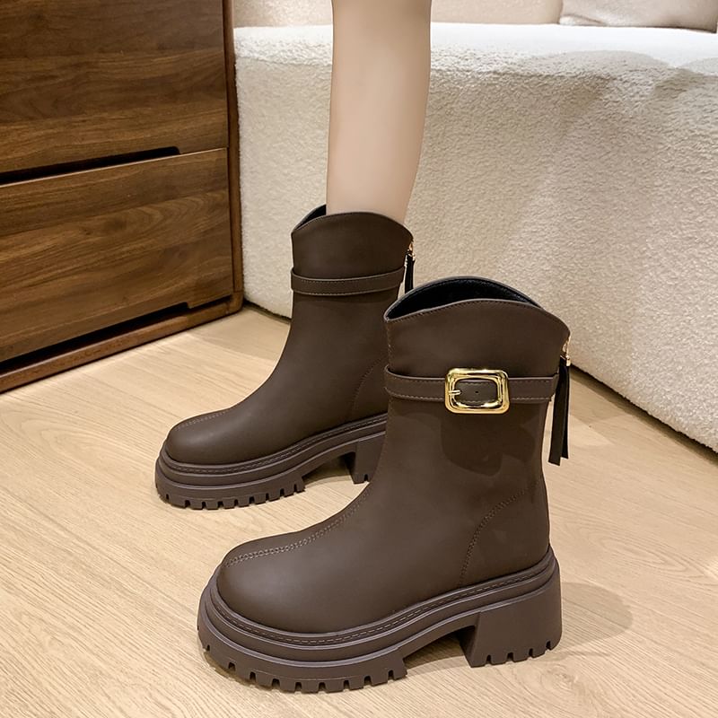 Chunky Buckled Heel Boots Short