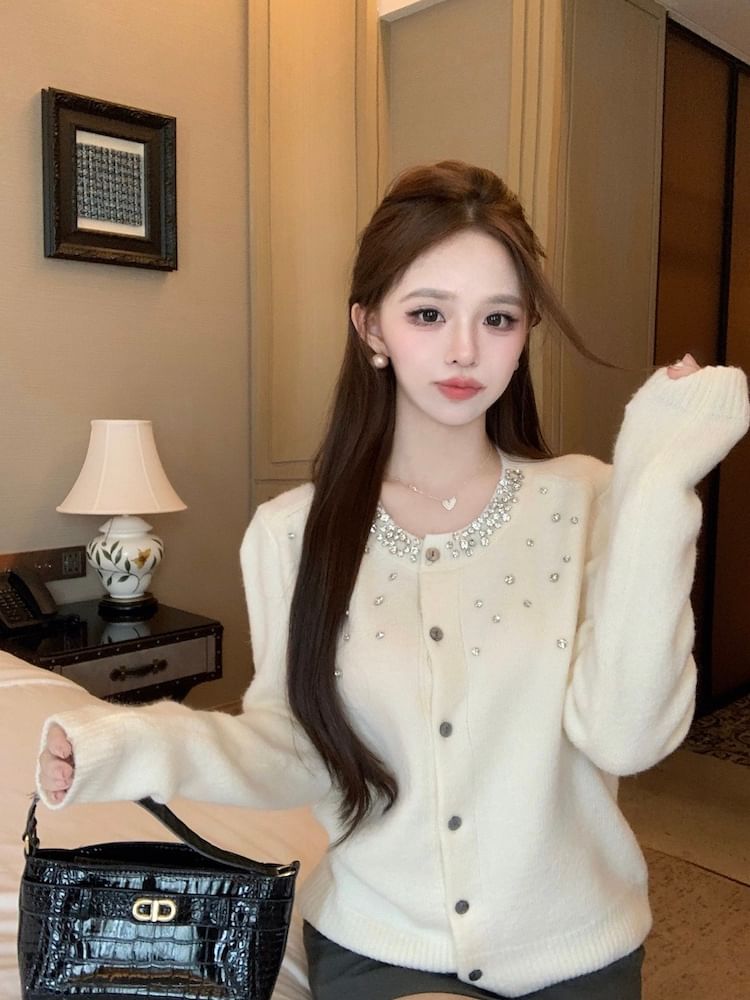 Rhinestone Embellished Button Up Cardigan