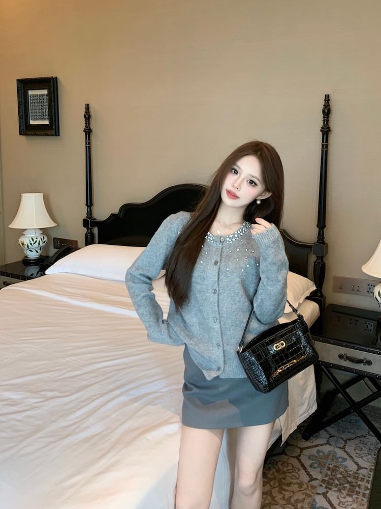 Rhinestone Embellished Button Up Cardigan