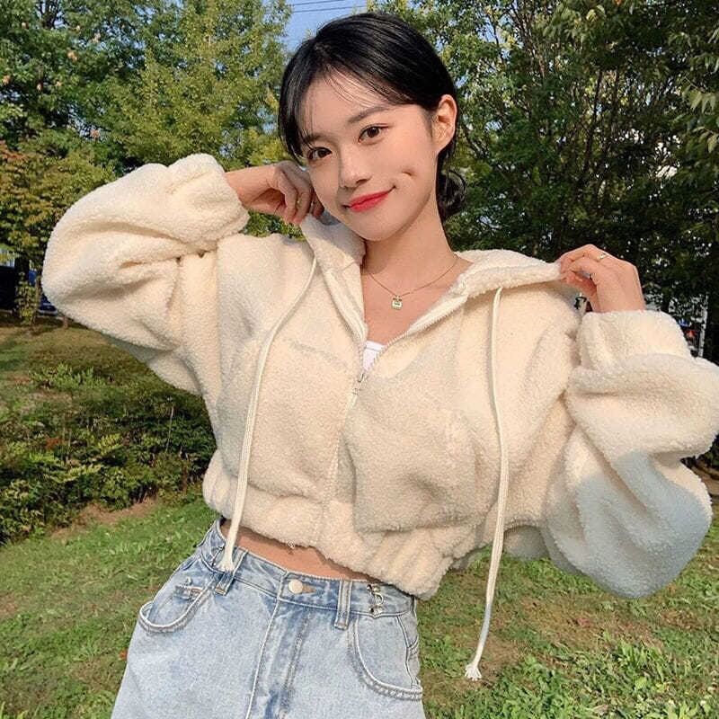 Hooded Fleece Zip-Up Cropped Hoodie