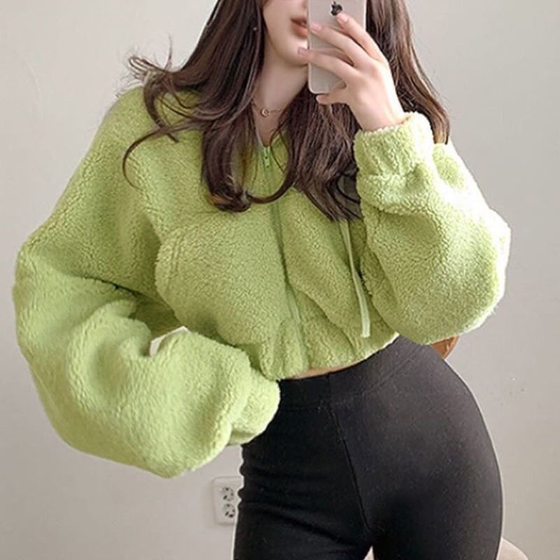 Hooded Fleece Zip-Up Cropped Hoodie