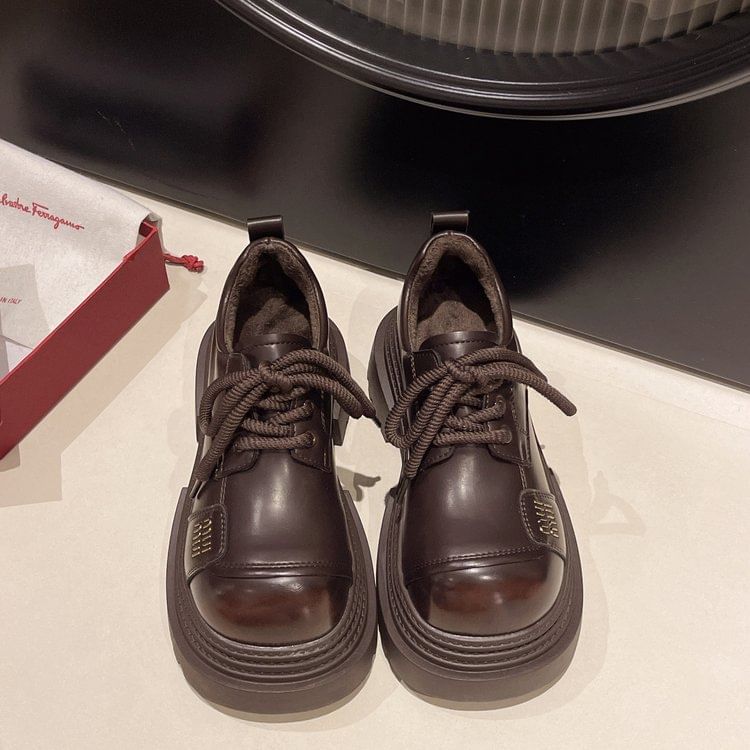 Platform Shoes Lace-Up Leather Plain Faux