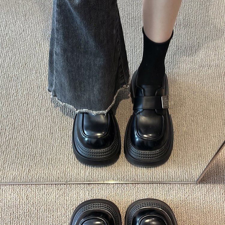 Faux Strap Platform Adhesive Metal Accent Shoes Leather