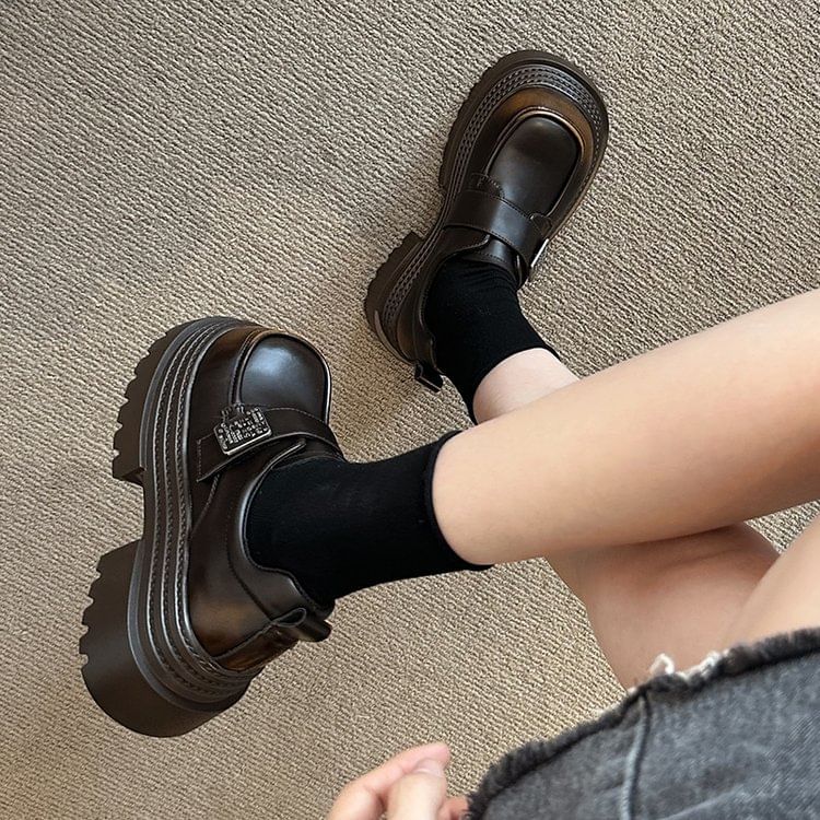 Faux Strap Platform Adhesive Metal Accent Shoes Leather