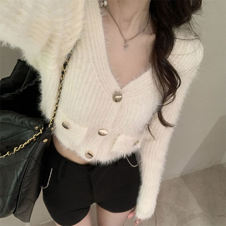 Fluffy V-Neck Button Up Cropped Cardigan
