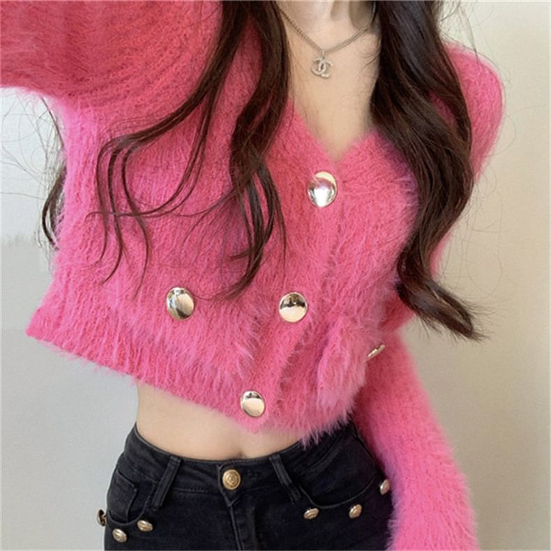Fluffy V-Neck Button Up Cropped Cardigan