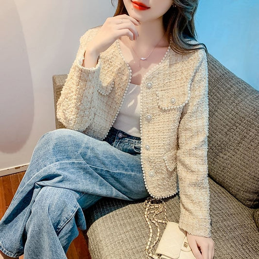 Round Neck Tweed Pearl Button Cropped Jacket
